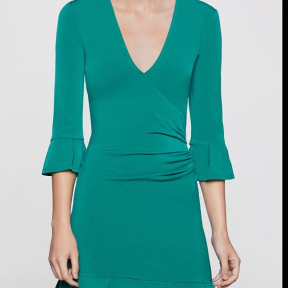 BCBGeneration Ruffle Wrap Dress 3/4 bell sleeves liquid knit XS - Picture 7 of 8